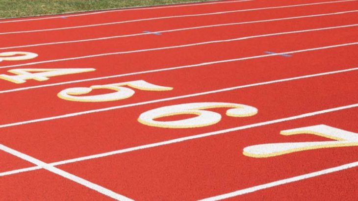100 Meter Start Line on Red Eight Lanes Running Track